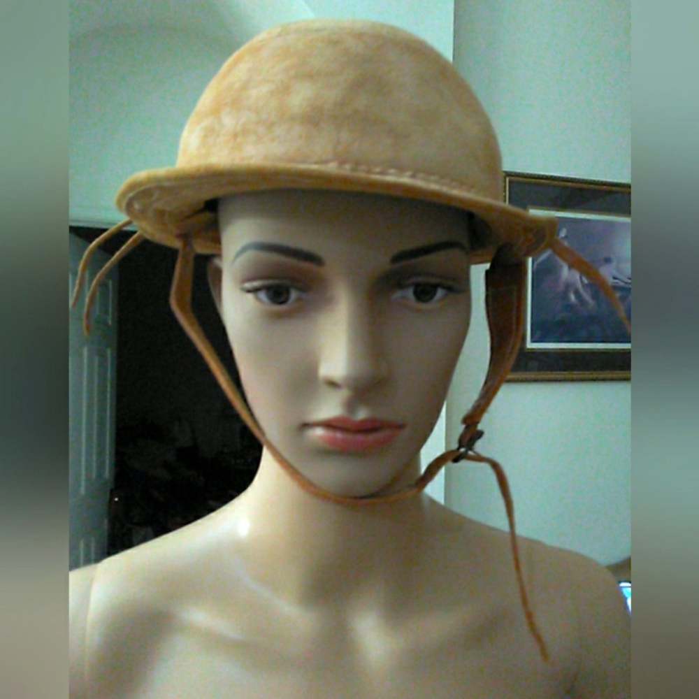ANTIQUE/ VINTAGE LEATHER BOWLER HAT HANDMADE W/ STRAP ADJ. DECORATIVE BRIM - Picture 10 of 15